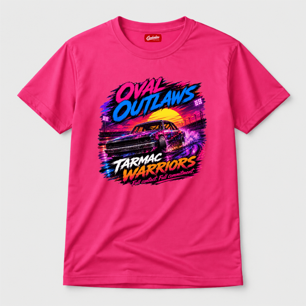 Camberline Oval Outlaws Neon Sunset Hot Pink t-shirt, front graphic for British oval racing fans