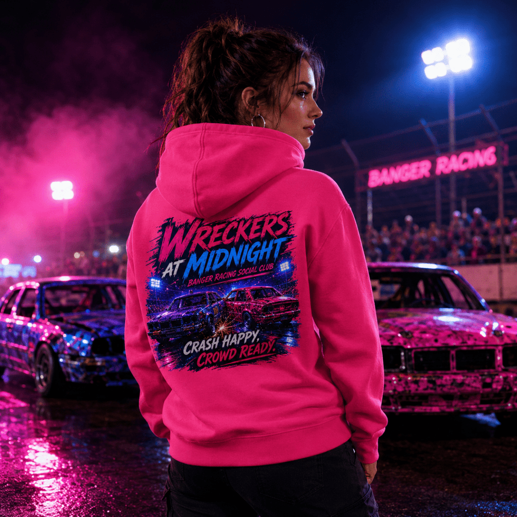 Model wearing Camberline Mustard Gold hoodie showing Oval Outlaws Tarmac Warriors British oval racing back graphic