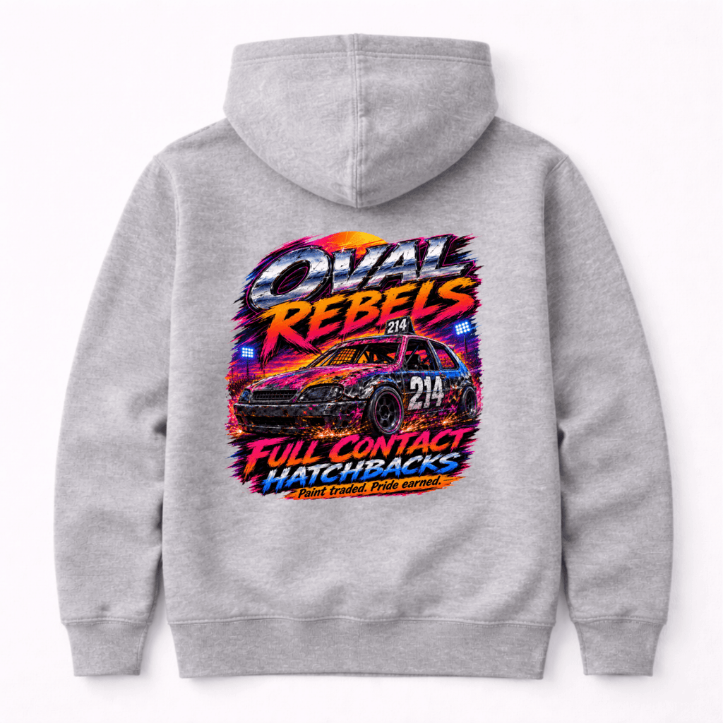 Camberline Oval Rebels Hatchback Racing Light Grey hoodie, back graphic for British oval racing fans