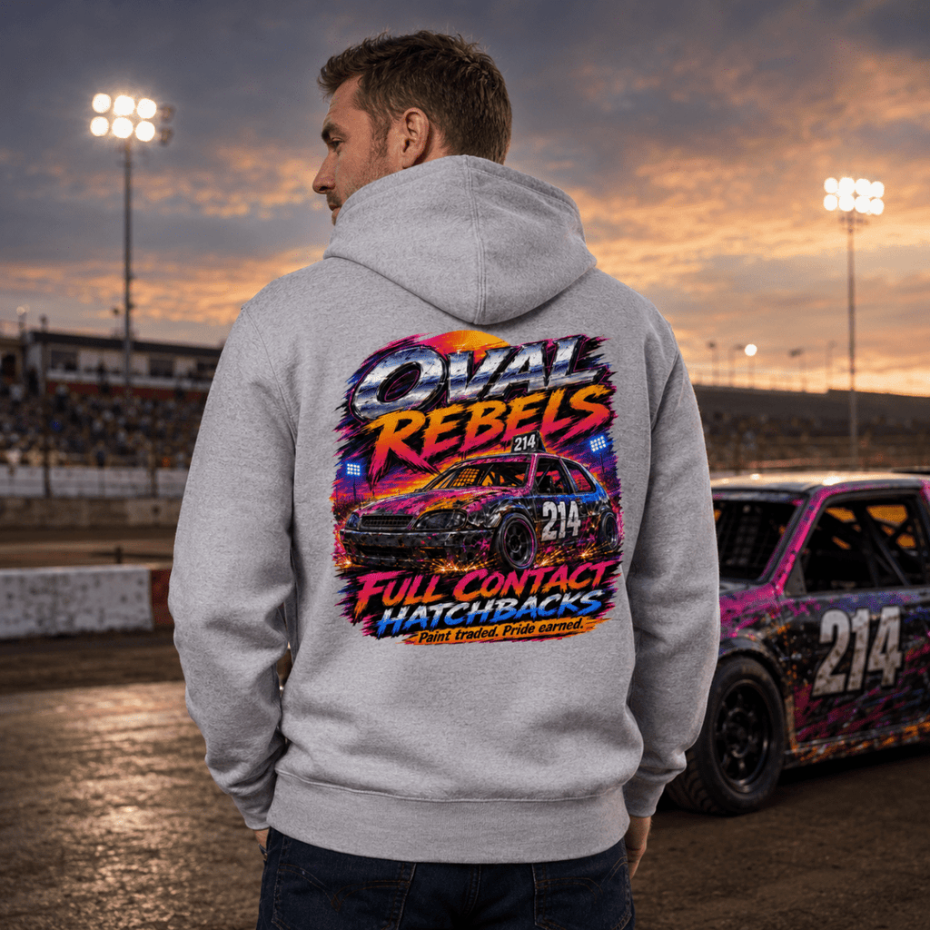 Model wearing Camberline Light Grey hoodie showing Oval Rebels Hatchback Racing British oval racing back graphic
