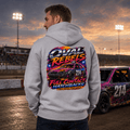 Model wearing Camberline Light Grey hoodie showing Oval Rebels Hatchback Racing British oval racing back graphic