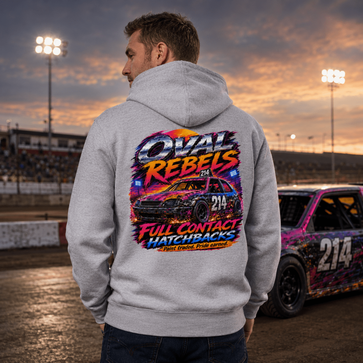 Model wearing Camberline Light Grey hoodie showing Oval Rebels Hatchback Racing British oval racing back graphic