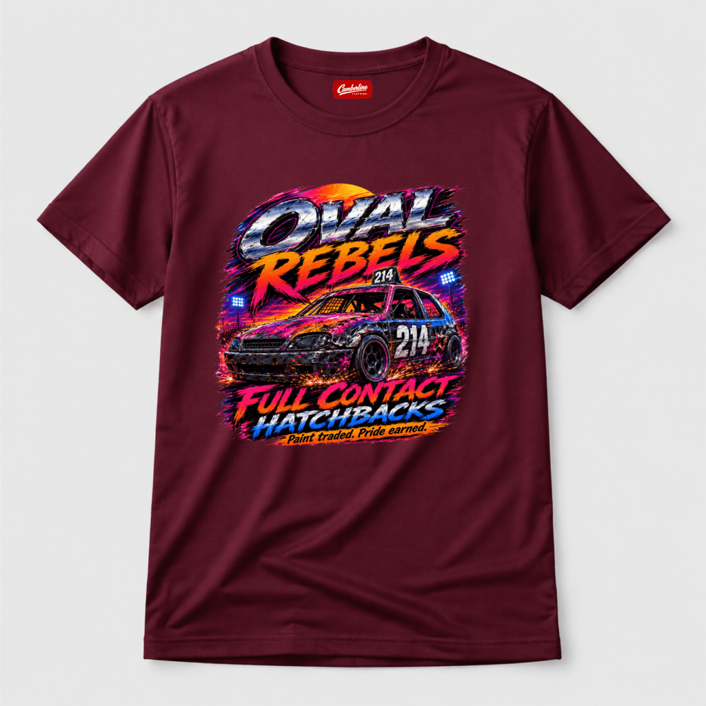 Camberline Oval Rebels Hatchback Racing Burgundy t-shirt, front graphic for British oval racing fans