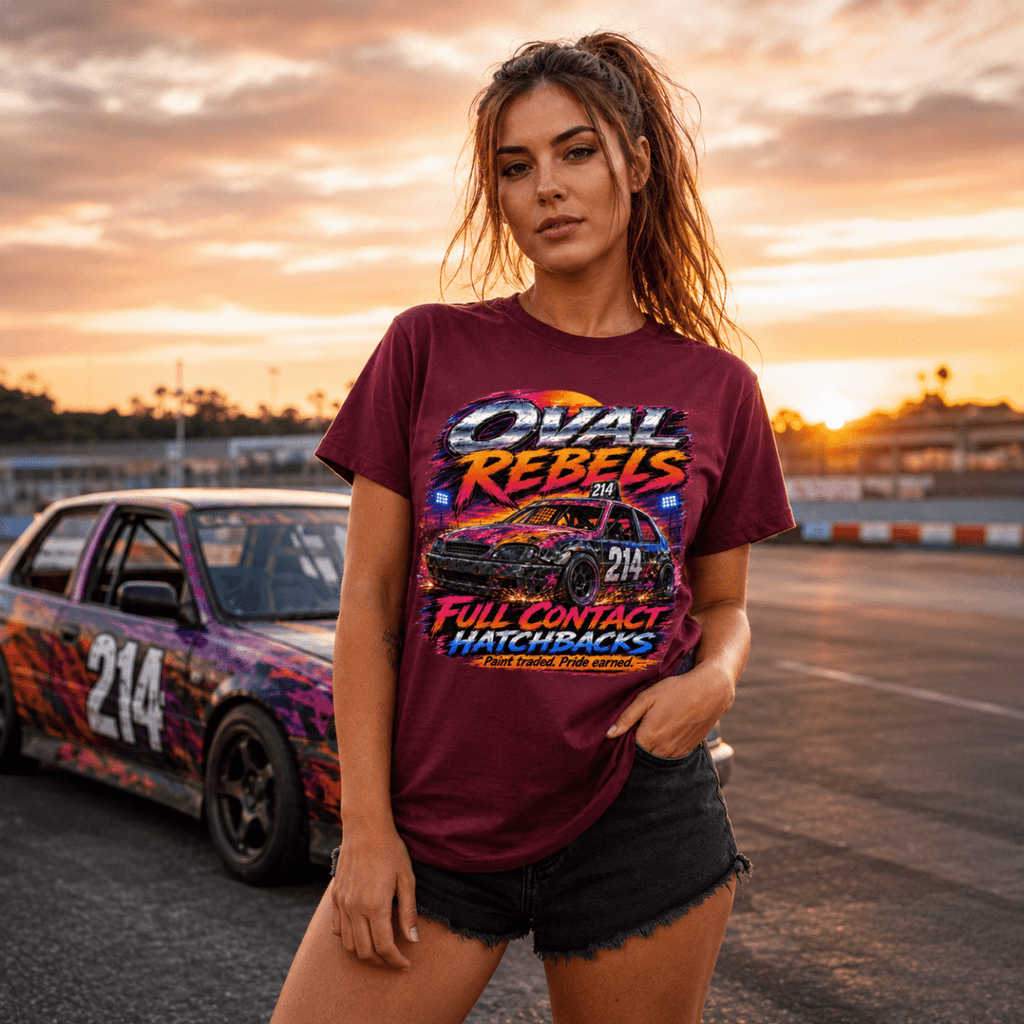 Model wearing Camberline Burgundy t-shirt showing Oval Rebels Hatchback Racing British oval racing front graphic