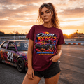 Model wearing Camberline Burgundy t-shirt showing Oval Rebels Hatchback Racing British oval racing front graphic