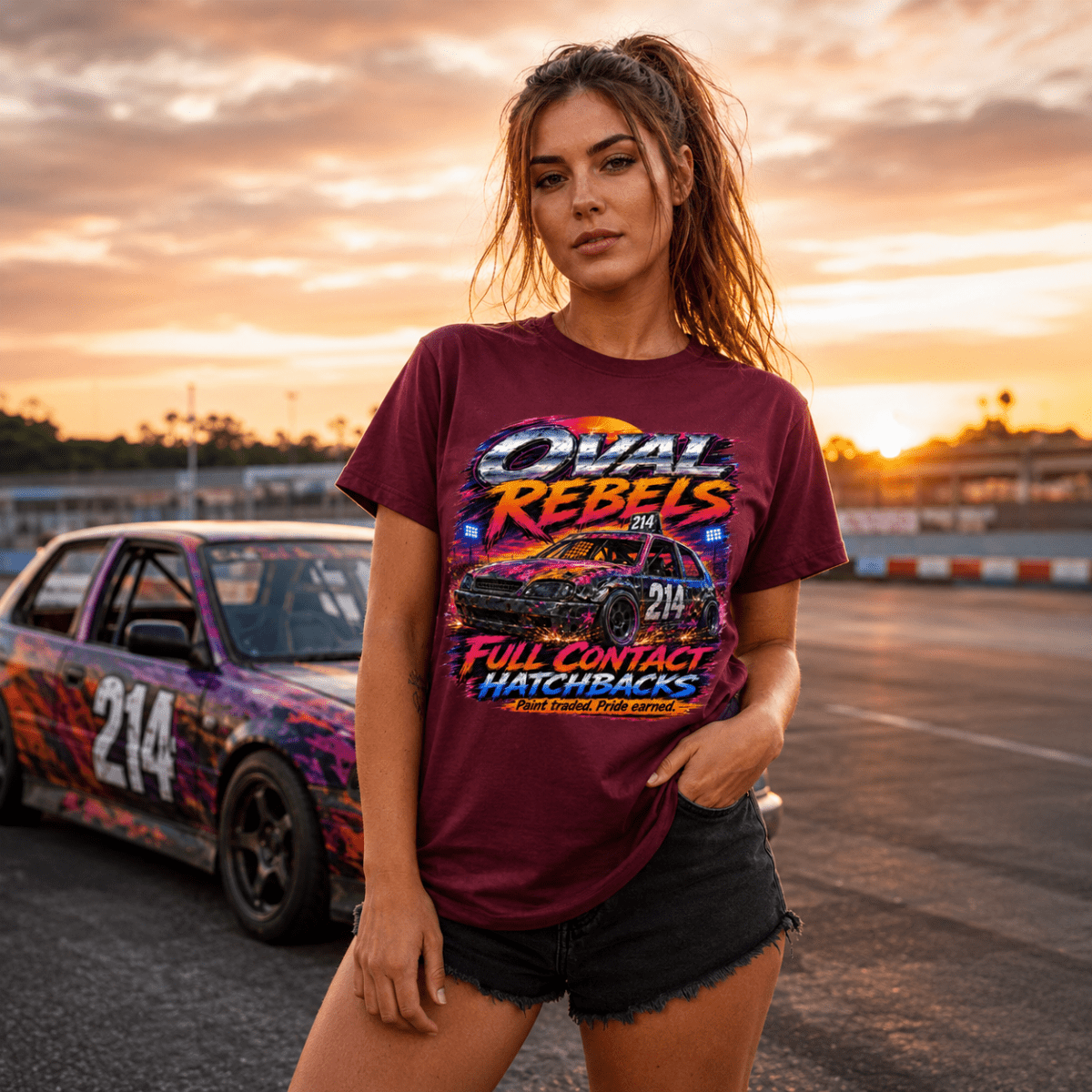 Model wearing Camberline Burgundy t-shirt showing Oval Rebels Hatchback Racing British oval racing front graphic