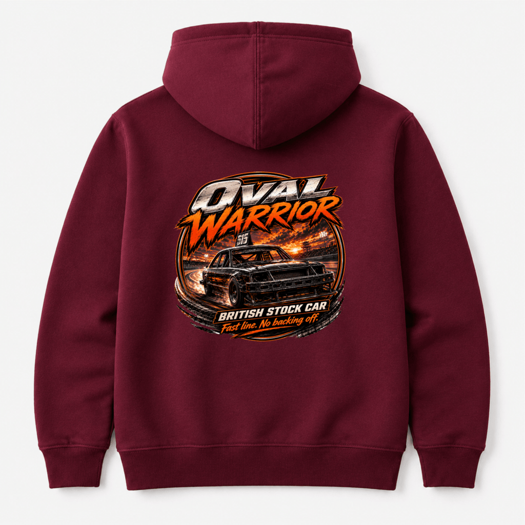 Camberline Oval Warrior British Stock Car Burgundy hoodie, back graphic for British oval racing fans