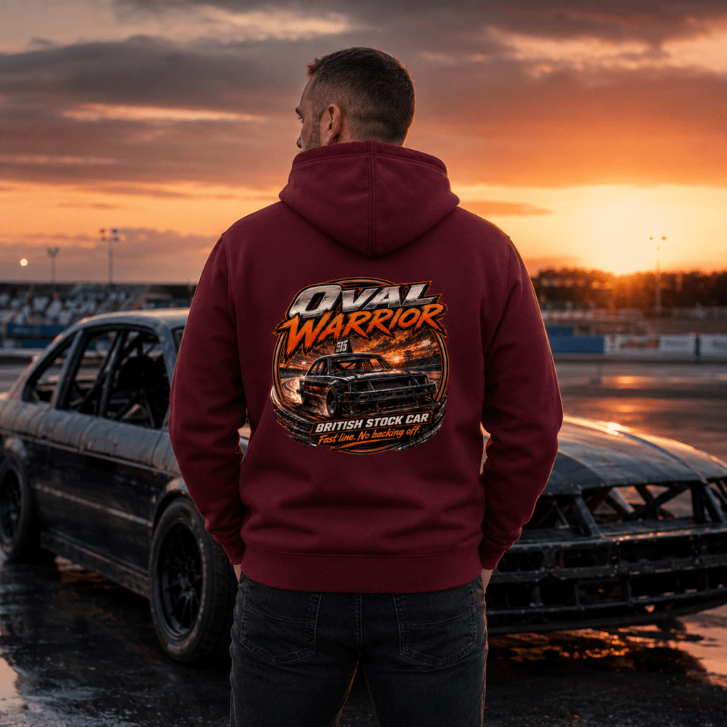 Model wearing Camberline Burgundy hoodie showing Oval Warrior British Stock Car British oval racing back graphic