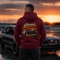 Model wearing Camberline Burgundy hoodie showing Oval Warrior British Stock Car British oval racing back graphic