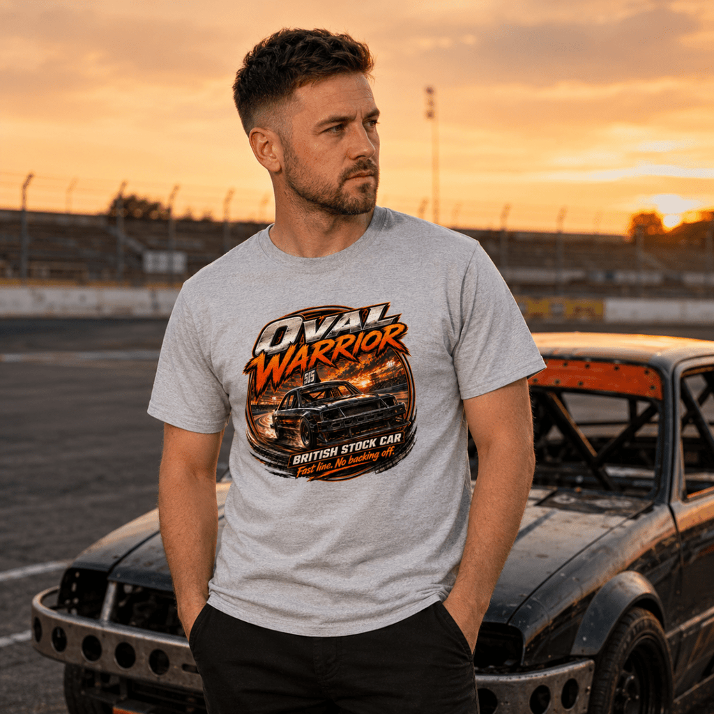 Model wearing Camberline Heather Grey t-shirt showing Oval Warrior British Stock Car British oval racing front graphic