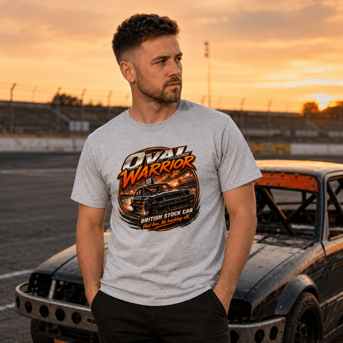 Model wearing Camberline Heather Grey t-shirt showing Oval Warrior British Stock Car British oval racing front graphic