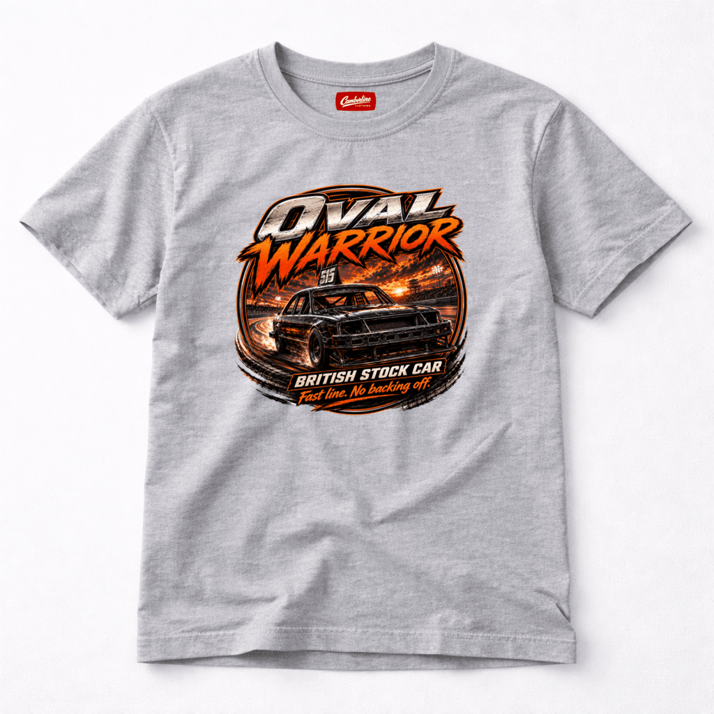 Camberline Oval Warrior British Stock Car Heather Grey t-shirt, front graphic for British oval racing fans