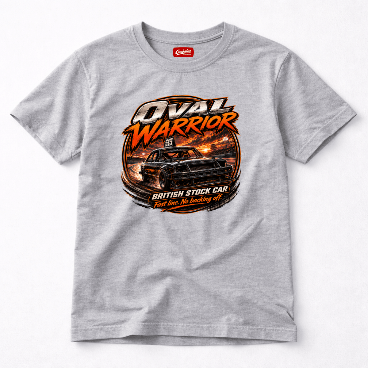 Camberline Oval Warrior British Stock Car Heather Grey t-shirt, front graphic for British oval racing fans