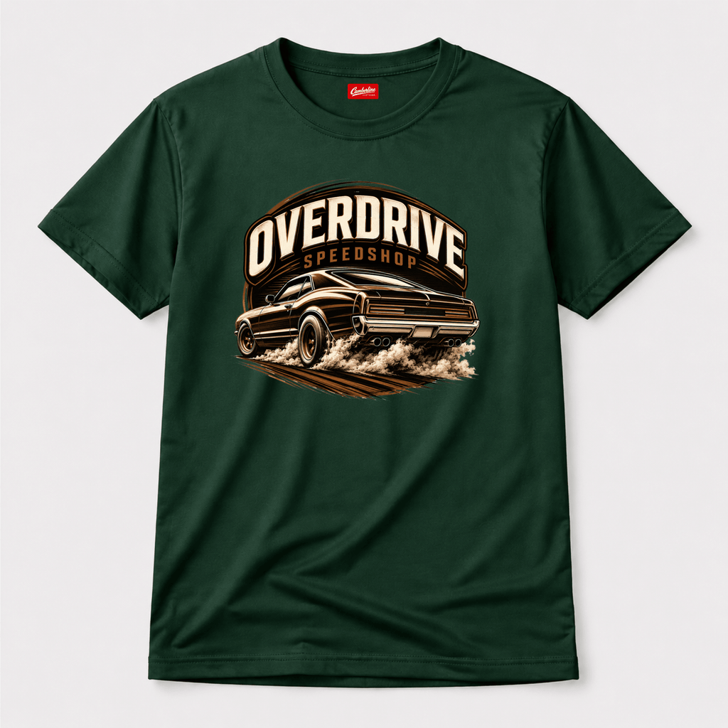 Camberline Cars Overdrive Speedshop Muscle Burnout T-Shirt in Forest Green showing front graphic