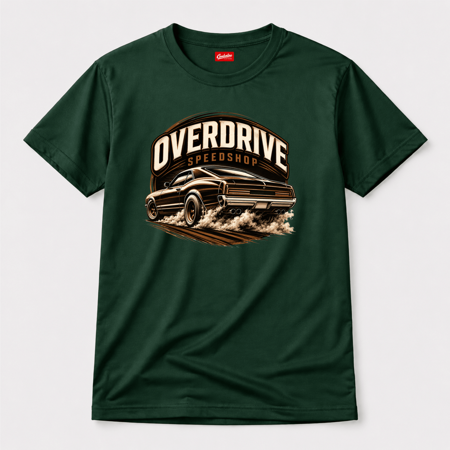 Camberline Cars Overdrive Speedshop Muscle Burnout T-Shirt in Forest Green showing front graphic