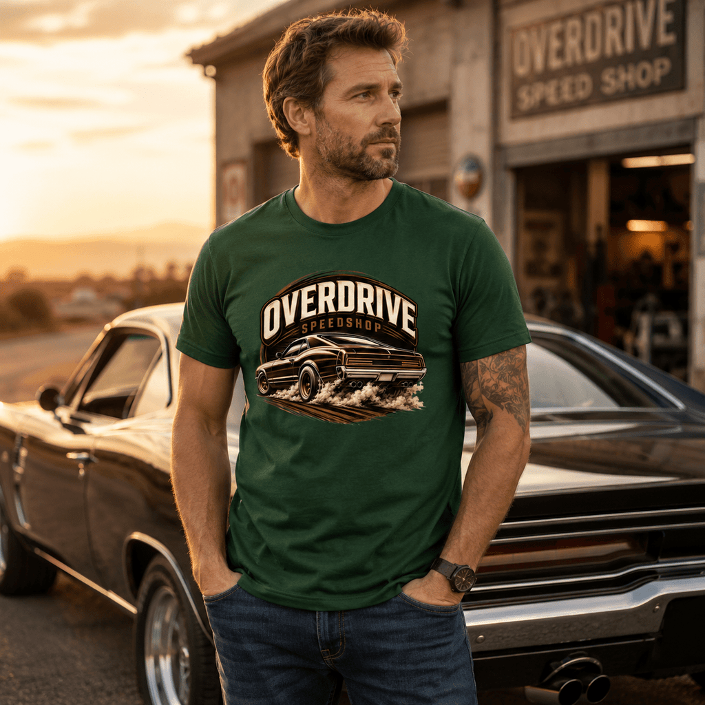 Model wearing Camberline Cars Overdrive Speedshop Muscle Burnout T-Shirt in Forest Green