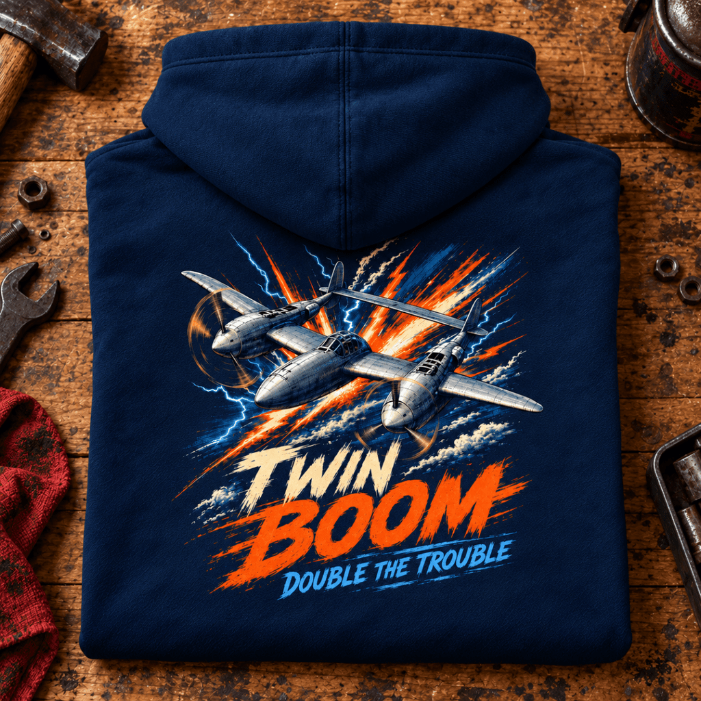 P-38 Lightning Twin Boom hoodie in Navy, folded on a workshop bench, showing the back print