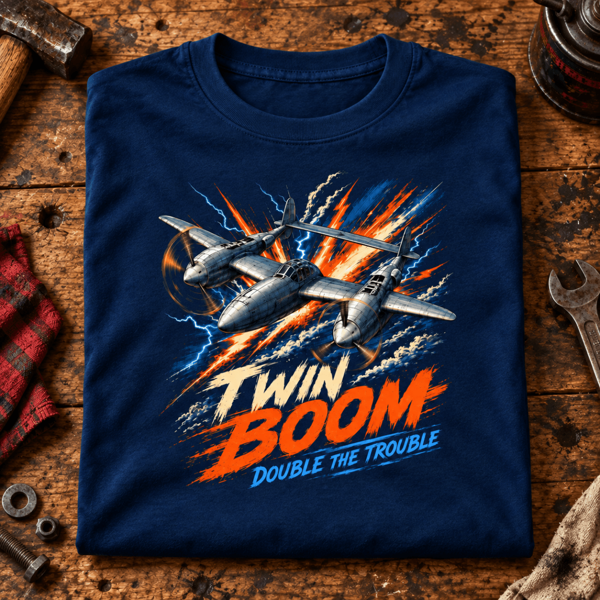 P-38 Lightning Twin Boom t-shirt in Navy, folded on a workshop bench, showing the front print