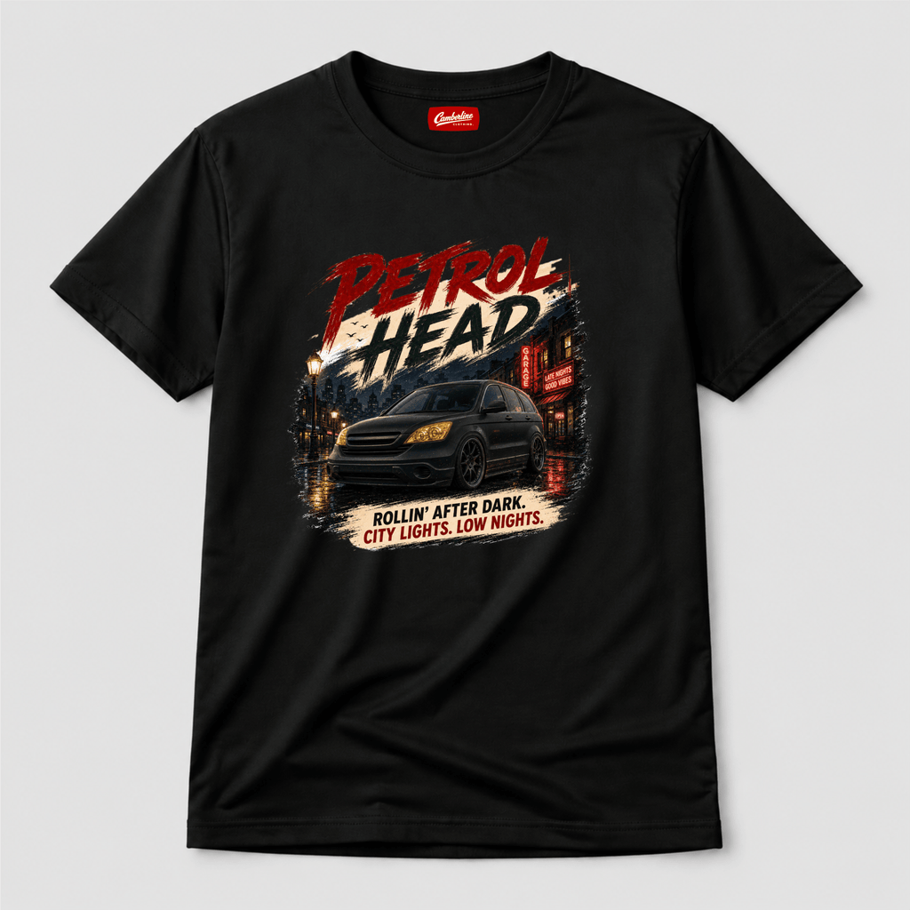 Camberline Cars Petrol Head Rollin After Dark City Nights T-Shirt in Black showing front graphic