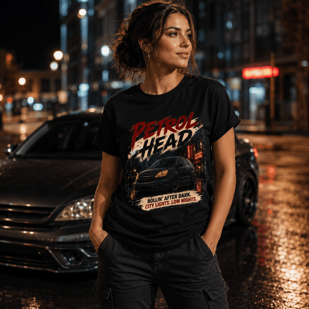 Model wearing Camberline Cars Petrol Head Rollin After Dark City Nights T-Shirt in Black