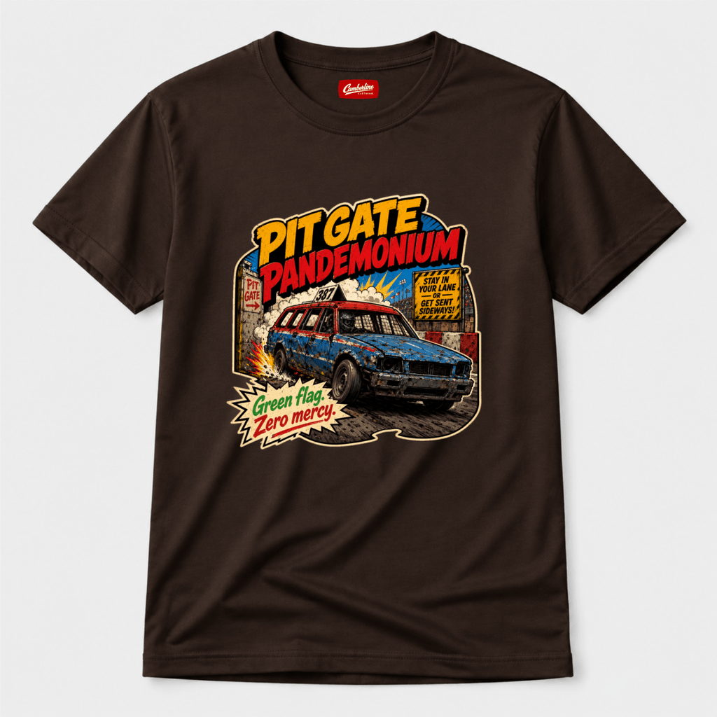 Camberline Pit Gate Pandemonium Stock Car Chocolate Brown t-shirt, front graphic for British oval racing fans