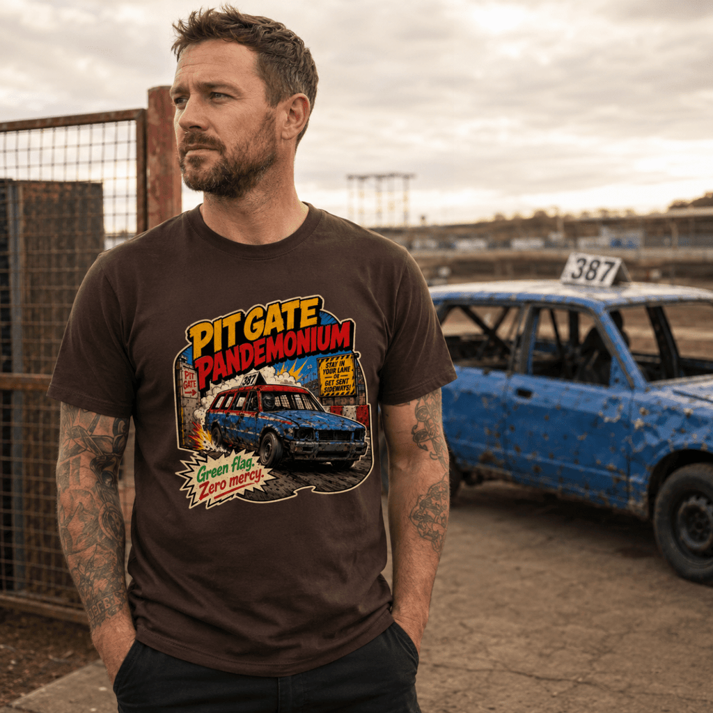 Model wearing Camberline Chocolate Brown t-shirt showing Pit Gate Pandemonium Stock Car British oval racing front graphic