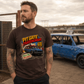Model wearing Camberline Chocolate Brown t-shirt showing Pit Gate Pandemonium Stock Car British oval racing front graphic