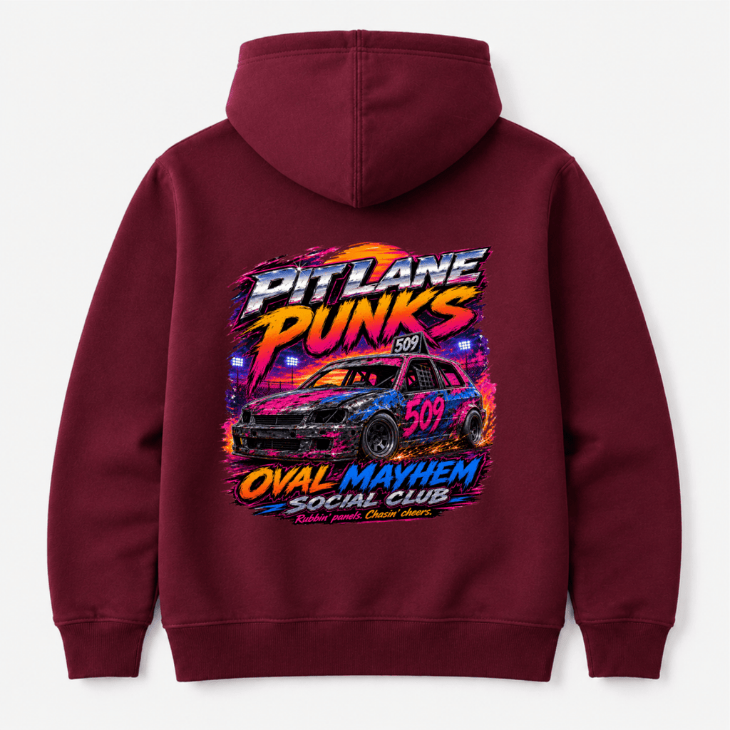 Camberline Pit Lane Punks Oval Mayhem Burgundy hoodie, back graphic for British oval racing fans