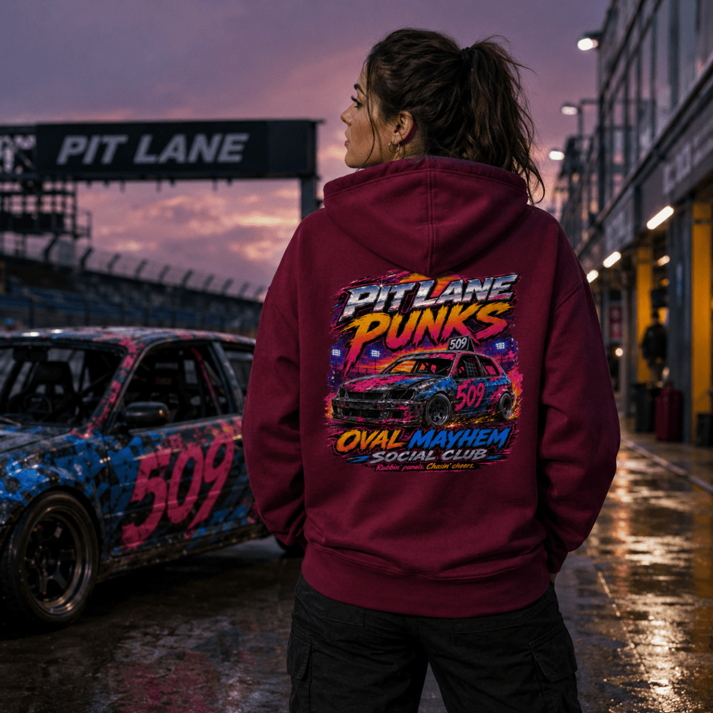 Model wearing Camberline Burgundy hoodie showing Pit Lane Punks Oval Mayhem British oval racing back graphic