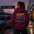 Model wearing Camberline Burgundy hoodie showing Pit Lane Punks Oval Mayhem British oval racing back graphic