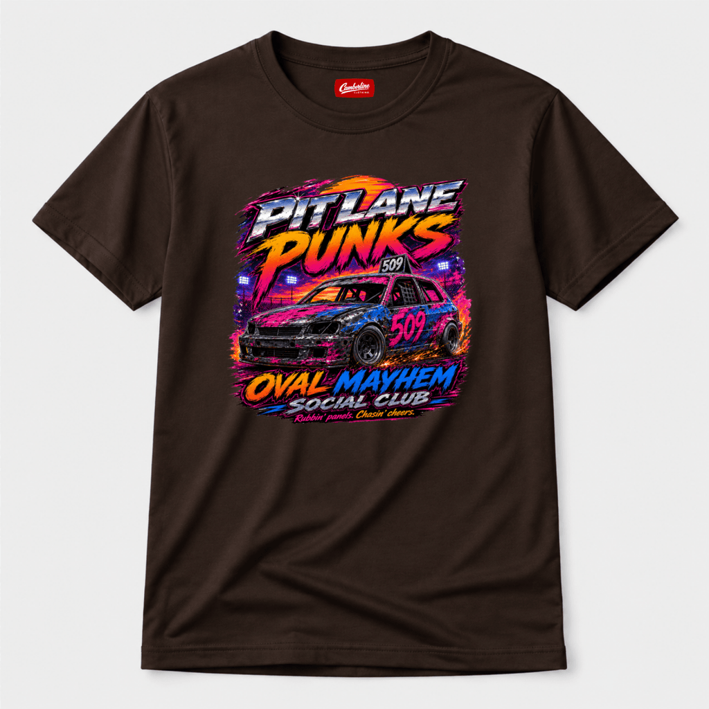 Camberline Pit Lane Punks Oval Mayhem Chocolate Brown t-shirt, front graphic for British oval racing fans