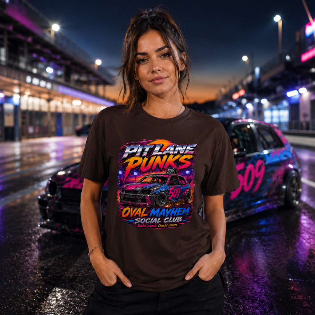 Model wearing Camberline Chocolate Brown t-shirt showing Pit Lane Punks Oval Mayhem British oval racing front graphic