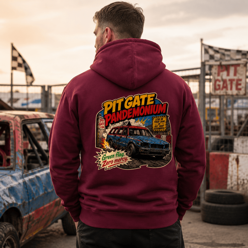 Model wearing Camberline Maroon hoodie showing Pitgate Pandemonium Comic Racing British oval racing back graphic