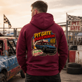 Model wearing Camberline Maroon hoodie showing Pitgate Pandemonium Comic Racing British oval racing back graphic