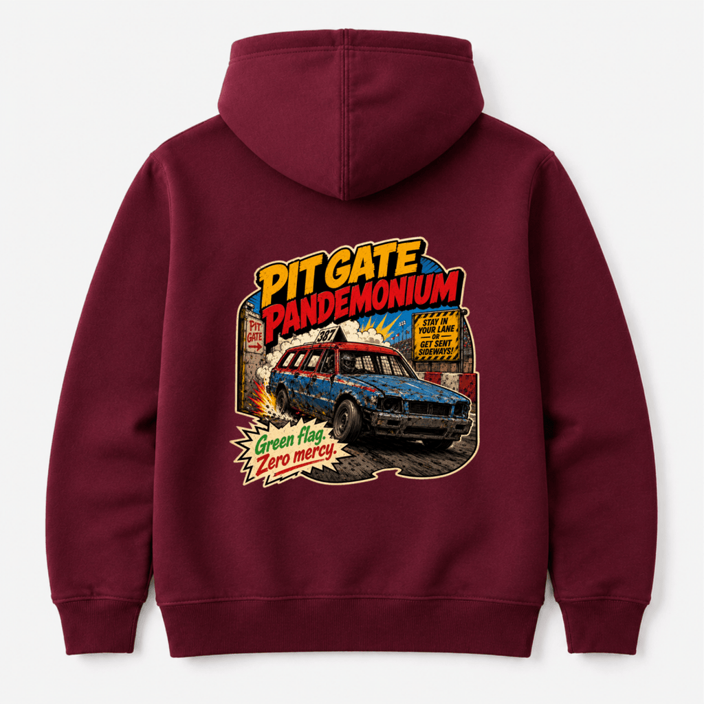 Camberline Pitgate Pandemonium Comic Racing Maroon hoodie, back graphic for British oval racing fans