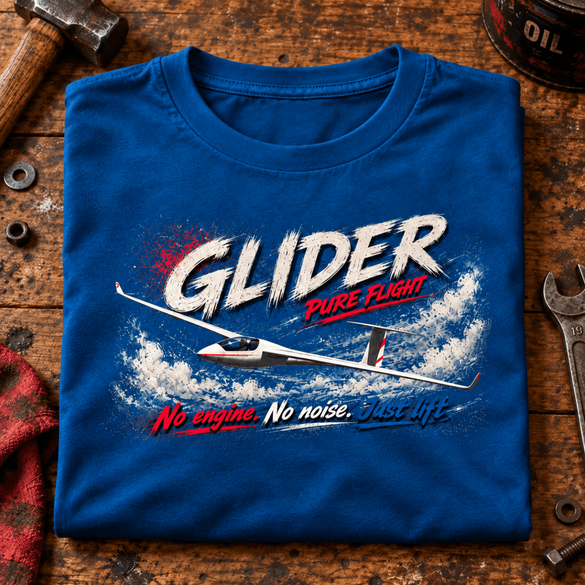 Glider Pure Flight t-shirt in Sapphire Blue, folded on a workshop bench, showing the front print