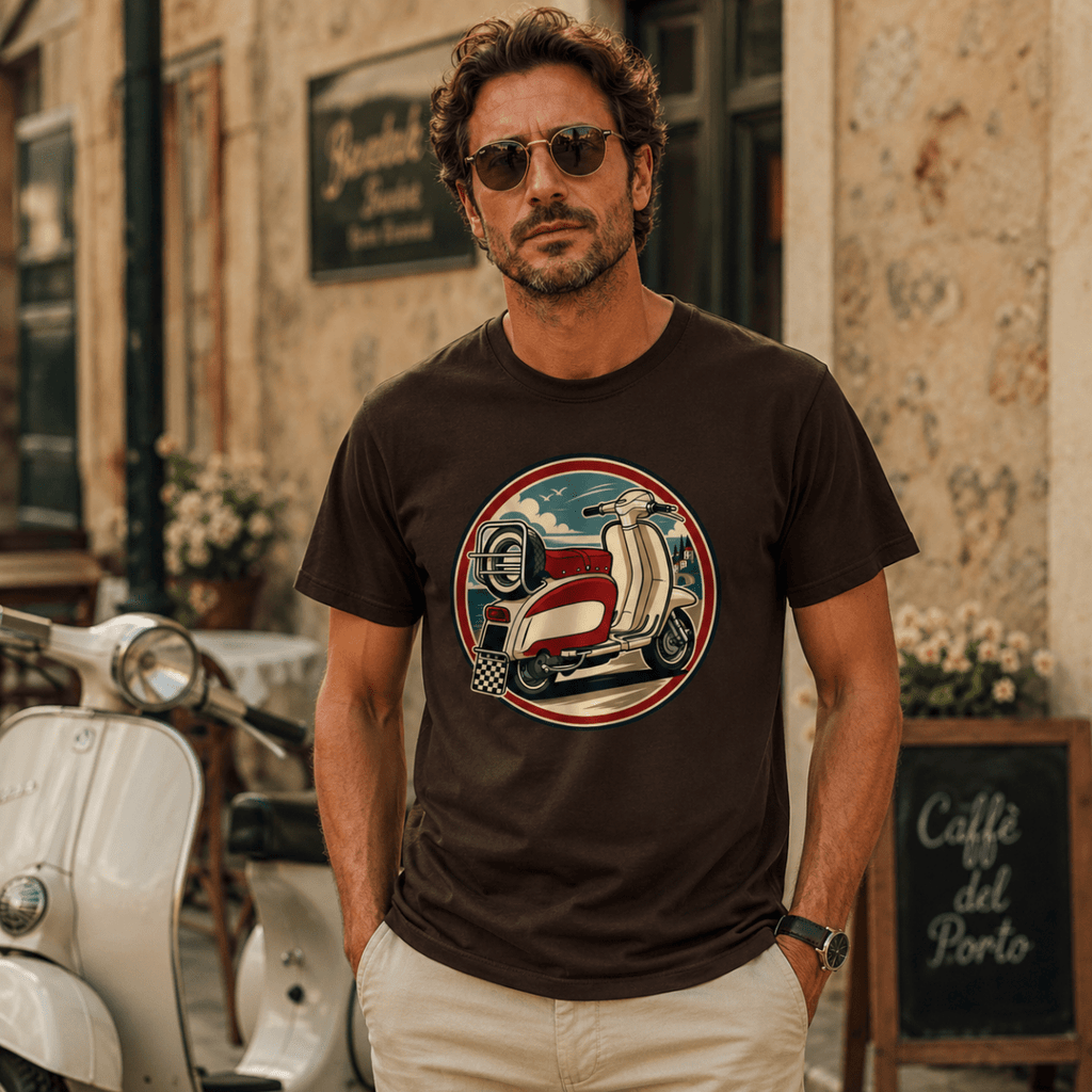 Retro Scooter Coastal Circle t-shirt dark brown — Camberline