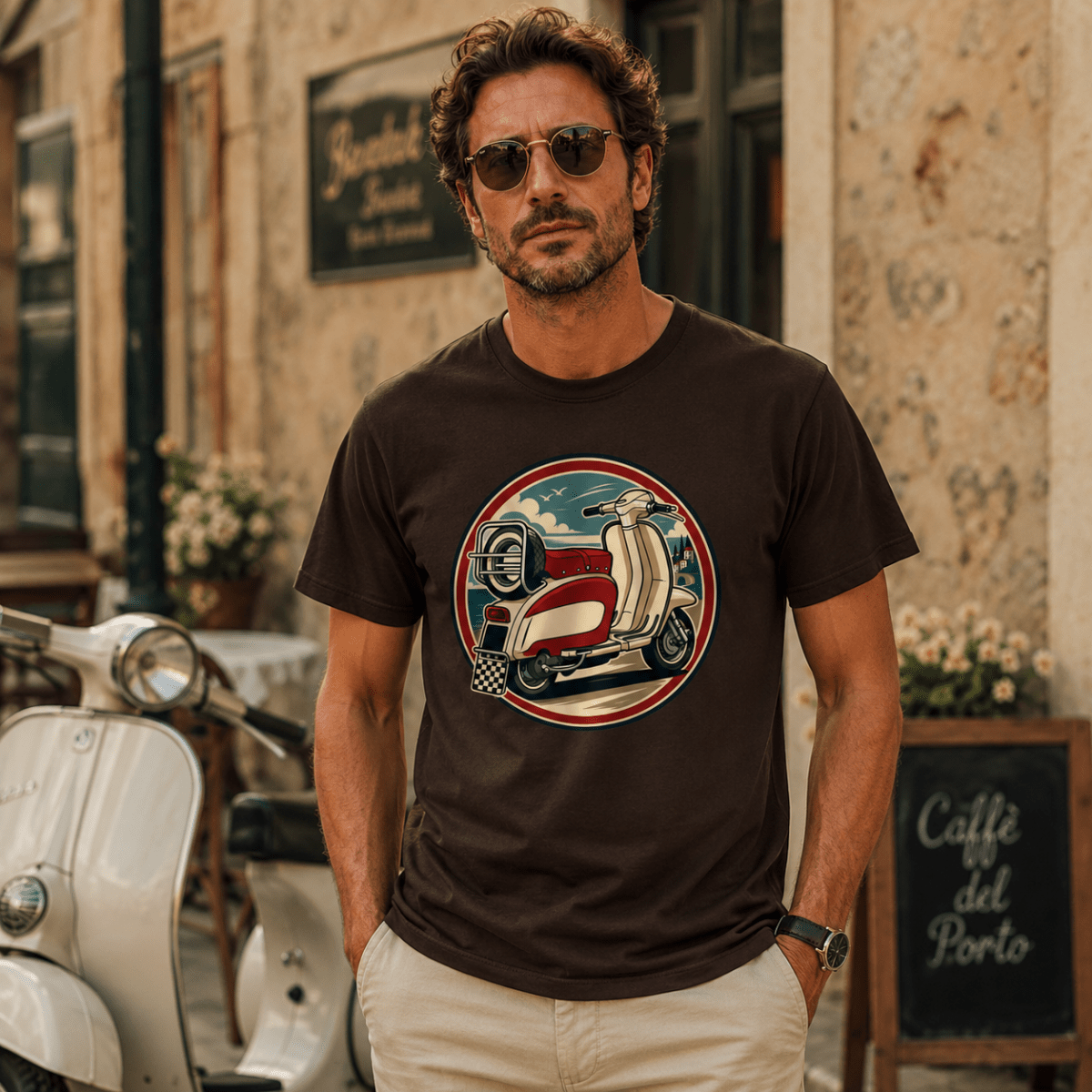 Retro Scooter Coastal Circle t-shirt dark brown — Camberline