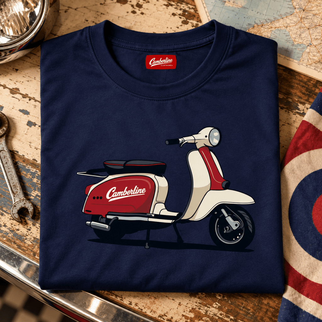Camberline Retro Mod classic scooter navy T-shirt front print in a British mod workshop setting
