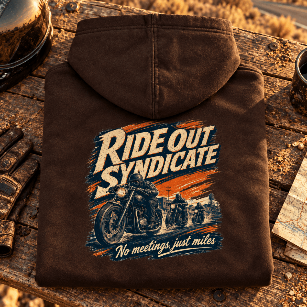 Camberline Ride Out Syndicate hot chocolate motorcycle hoodie back print at a rugged desert-road stop