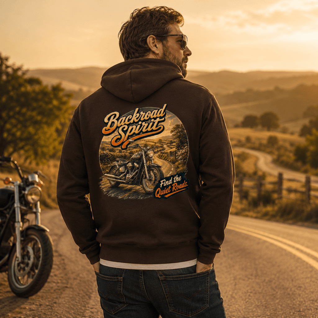 Model wearing the Camberline Backroad Spirit Cruiser Motorcycle Hoodie with riders graphic clothing design