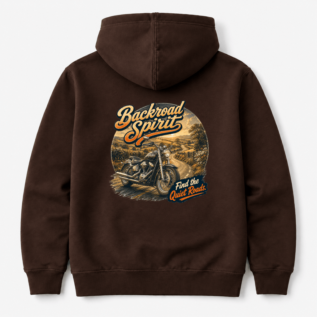 Camberline Backroad Spirit Cruiser Motorcycle Hoodie showing the back graphic print for riders clothing
