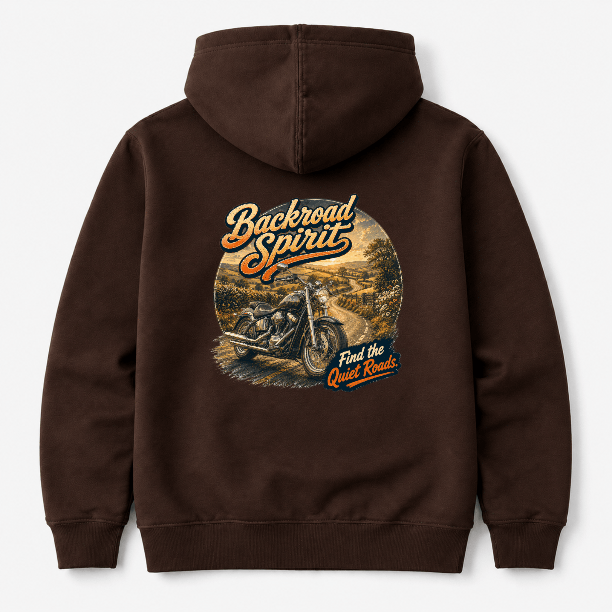 Camberline Backroad Spirit Cruiser Motorcycle Hoodie showing the back graphic print for riders clothing
