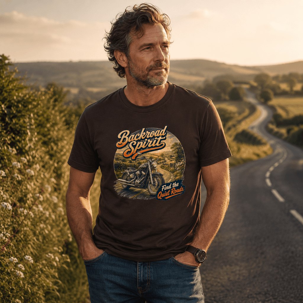 Model wearing the Camberline Backroad Spirit Cruiser Motorcycle T-Shirt with riders graphic clothing design