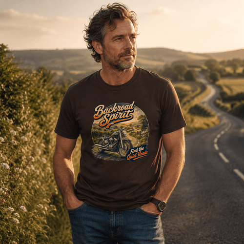 Model wearing the Camberline Backroad Spirit Cruiser Motorcycle T-Shirt with riders graphic clothing design