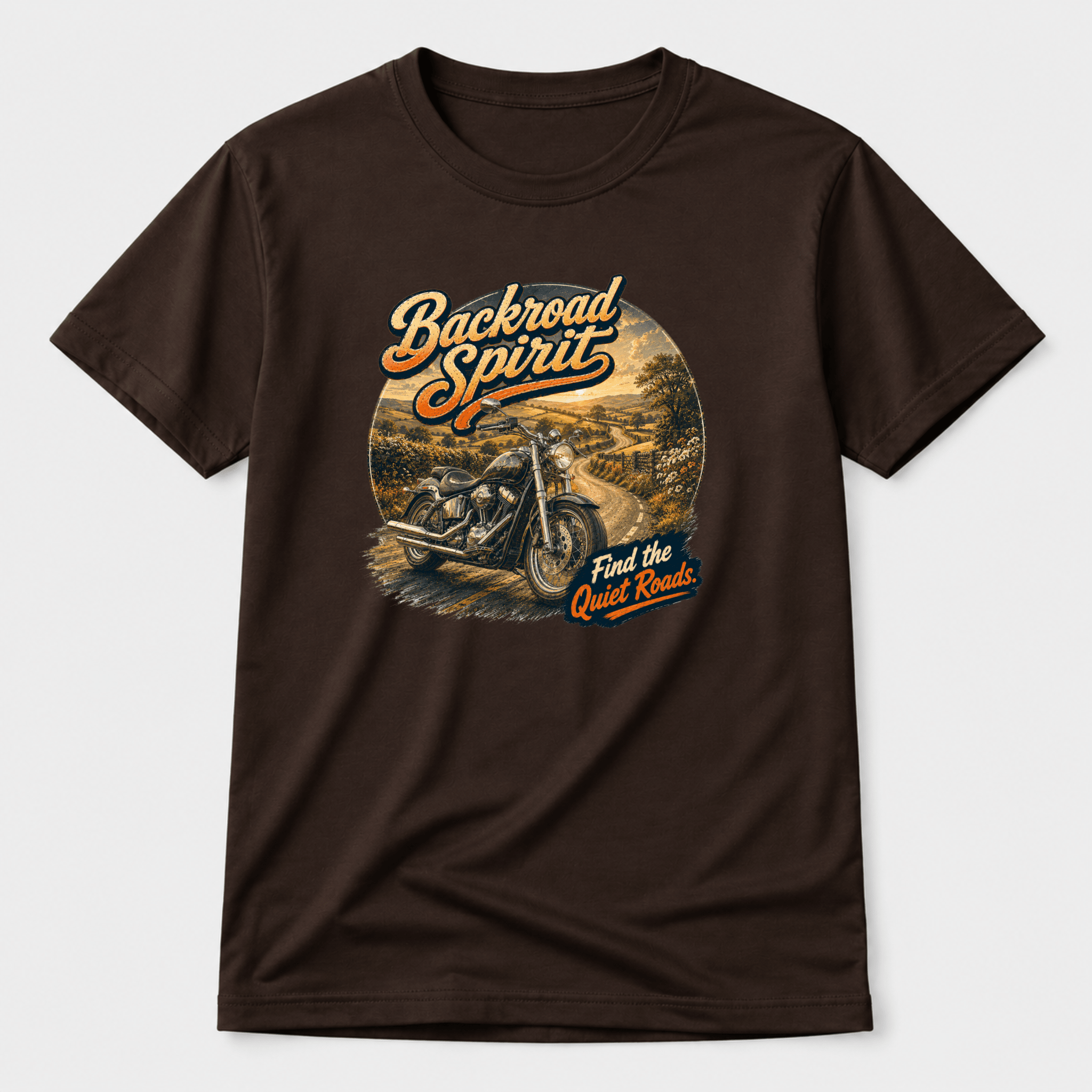 Camberline Backroad Spirit Cruiser Motorcycle T-Shirt showing the front graphic print for riders clothing