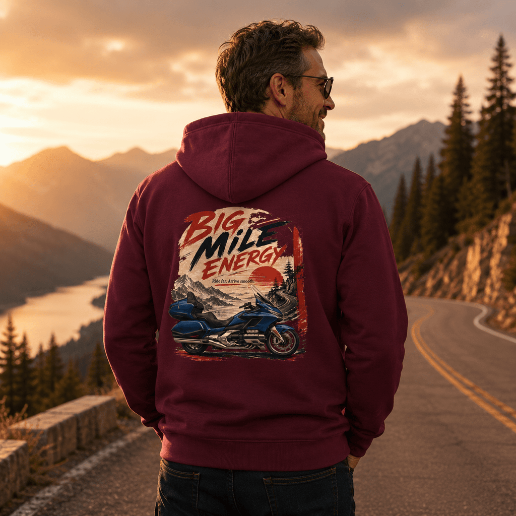 Model wearing the Camberline Big Mile Energy Luxury Tourer Hoodie with riders graphic clothing design