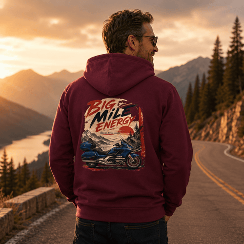 Model wearing the Camberline Big Mile Energy Luxury Tourer Hoodie with riders graphic clothing design