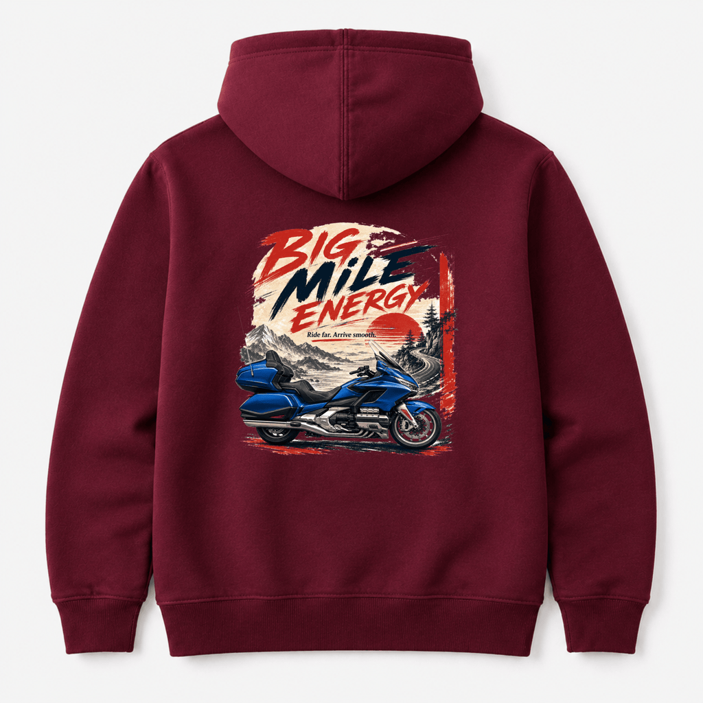 Camberline Big Mile Energy Luxury Tourer Hoodie showing the back graphic print for riders clothing