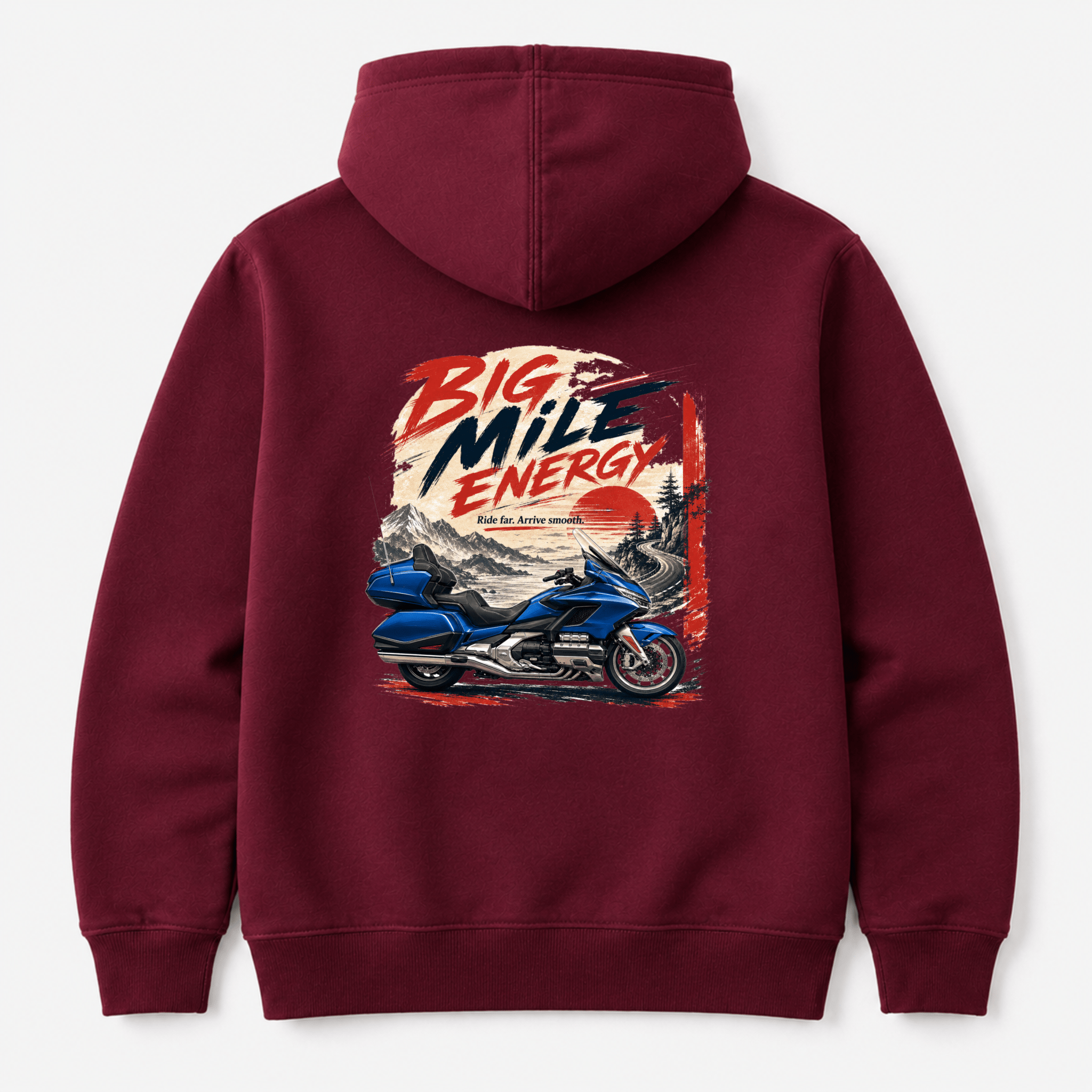 Camberline Big Mile Energy Luxury Tourer Hoodie showing the back graphic print for riders clothing